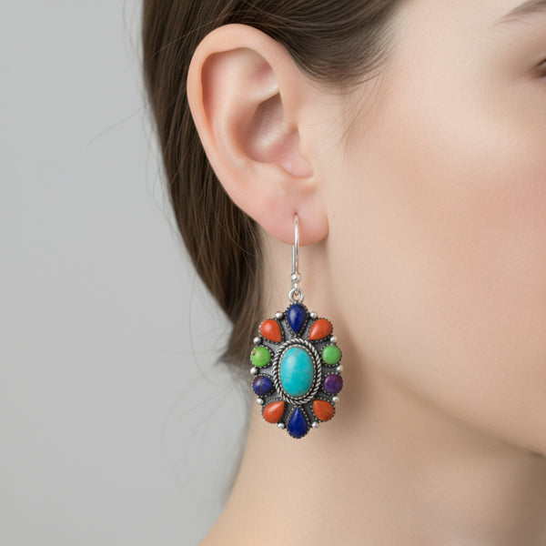 multistone oval turquoise french wire earrings