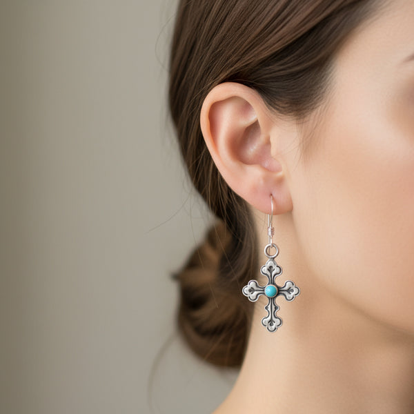 oxidized silver and turquoise cross earrings
