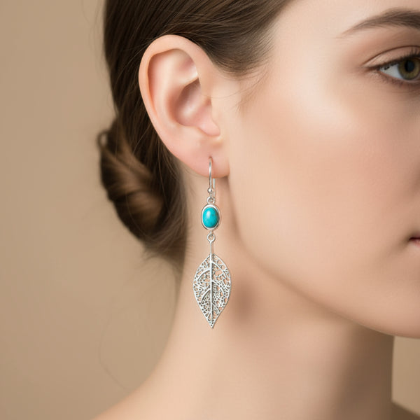 turquoise and leaf french wire earrings