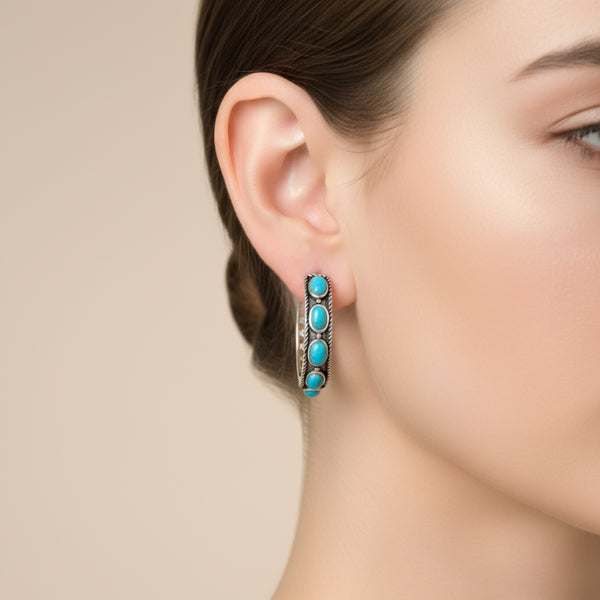 ornate oxidized turquoise hoop earrings