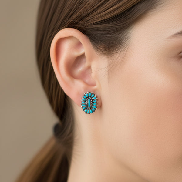 small handmade oxidized sunburst turquoise stud earrings