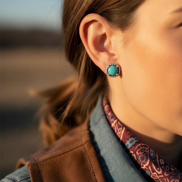 oxidized rope edge turquoise stud earrings