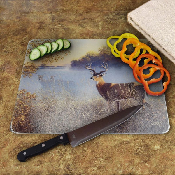 morning fog deer glass cutting board