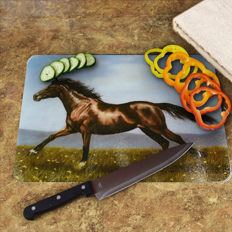 running thoroughbred horse glass cutting board