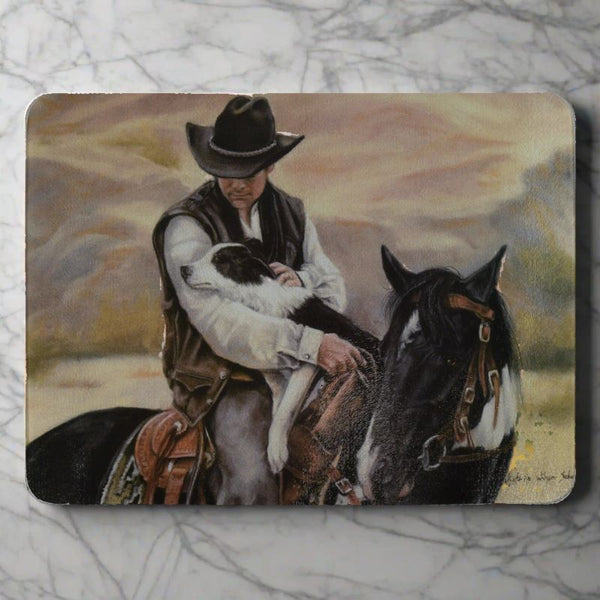 all a cowboy needs horse dog & rider glass cutting board