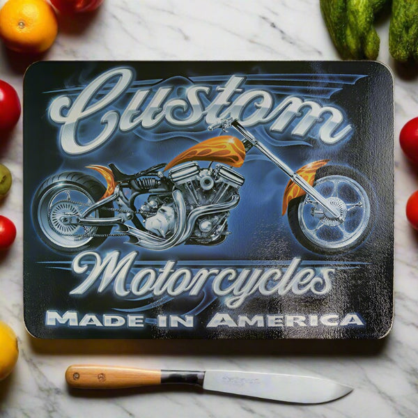 custom motorcycles glass cutting board