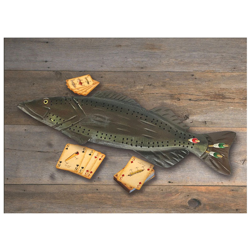 fish shaped carved wooden cribbage board game