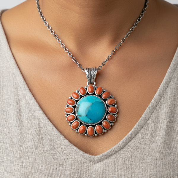 turquoise and coral sunburst necklace pendant