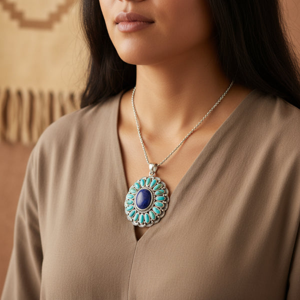turquoise and lapis flower necklace pendant