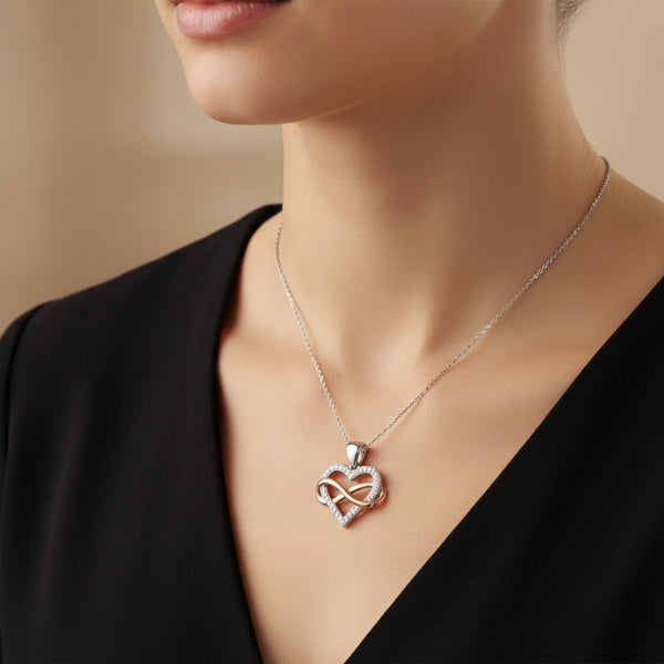 rose gold and sterling silver two tone cz infinity heart pendant