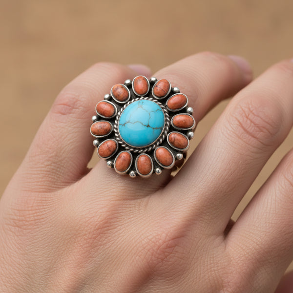 reconstituted turquoise and coral sunburst ring size 6-10