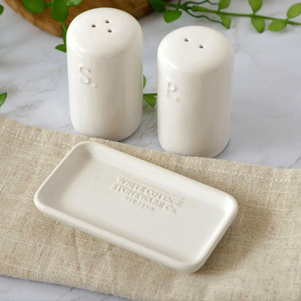 white cottage stoneware co ceramic salt and pepper shakers with tray