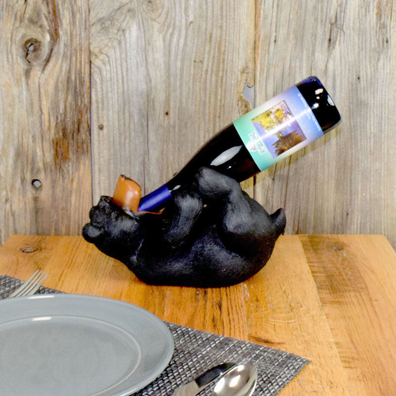 Black Bear Wine Bottle Holder - Decorative Metal Sculpture For Home Or Cabin