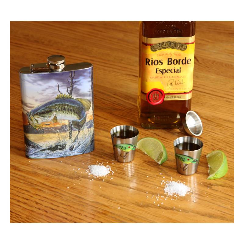 bass fisherman stainless steel hip flask and shot glass gift set