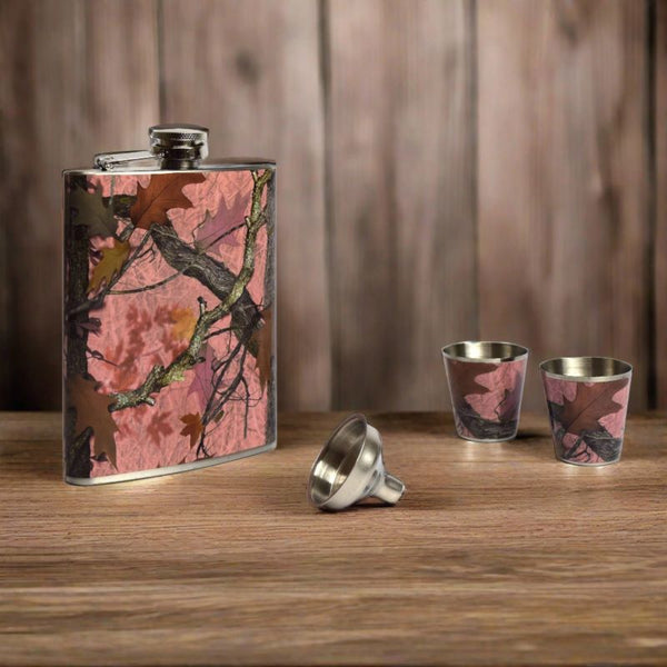 pink camouflage hip flask and shot glasses