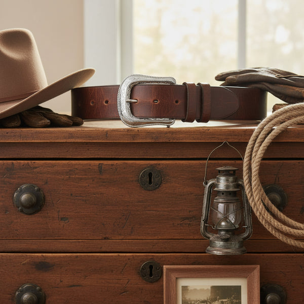silver western design belt buckle