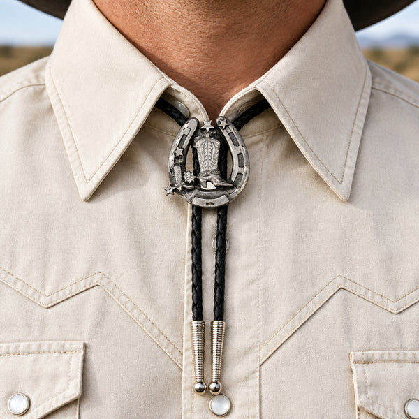 cowboy boot and horseshoe bolo tie