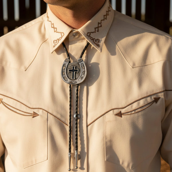 horseshoe black enamel cross bolo tie