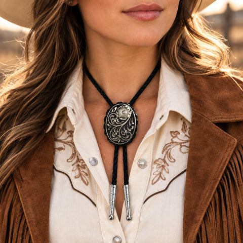 Scalloped Oval German Silver Engraved Bolo Tie