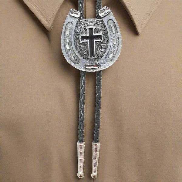 horseshoe black enamel cross bolo tie