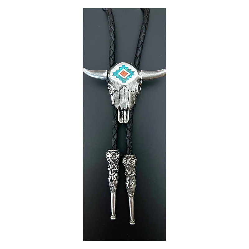 steer skull with turquoise & coral inlay bolo tie