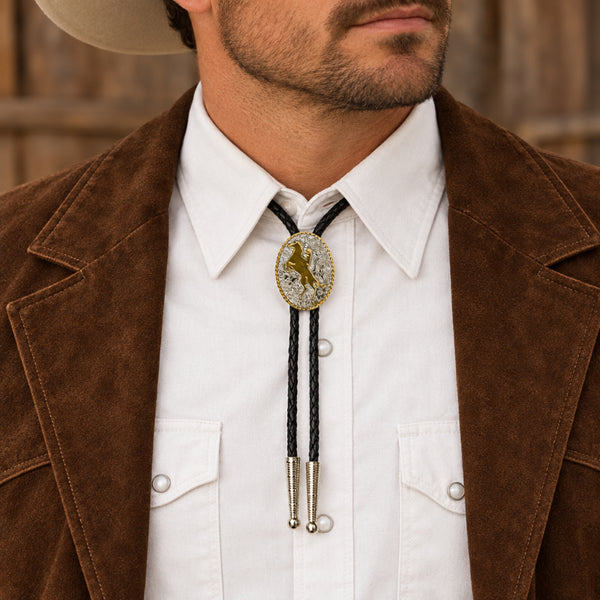 western bucking bronc silver and gold bolo tie