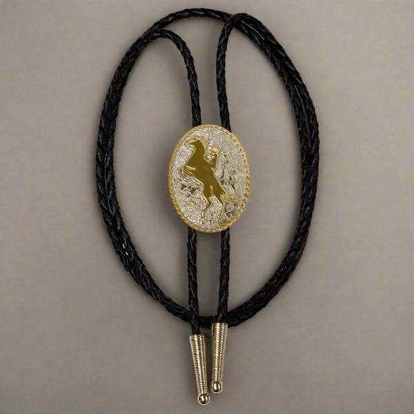 western bucking bronc silver and gold bolo tie