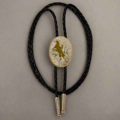 Western Bucking Bronco Silver & Gold Bolo Tie
