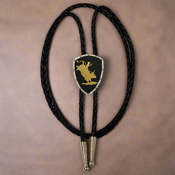 rodeo bullrider black silver and gold bolo tie