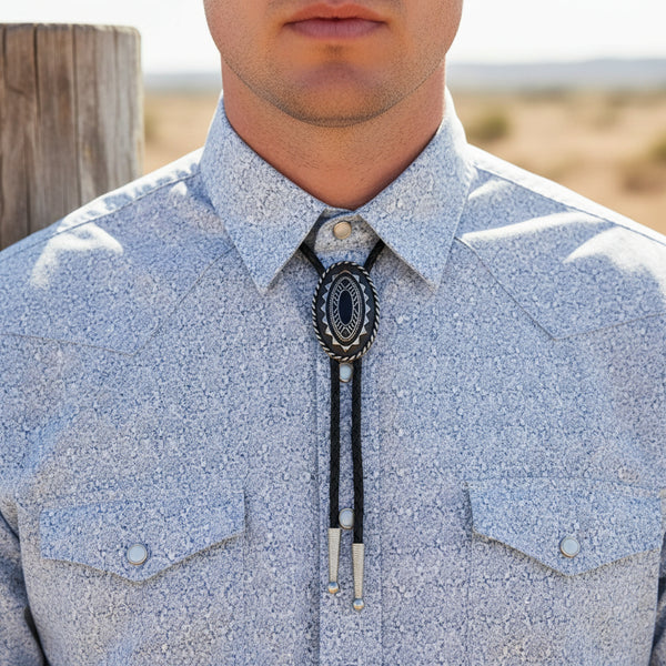 black and silver oval bolo tie