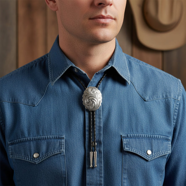 german silver engraved bolo tie