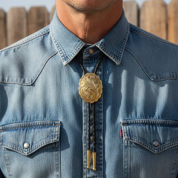 golden engraved bolo tie