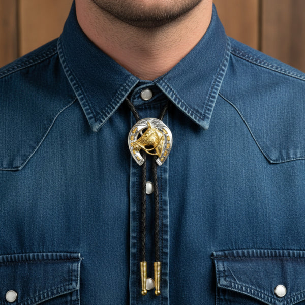 german silver and gold horsehead horseshoe bolo tie