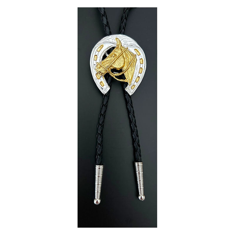german silver and gold horsehead horseshoe bolo tie