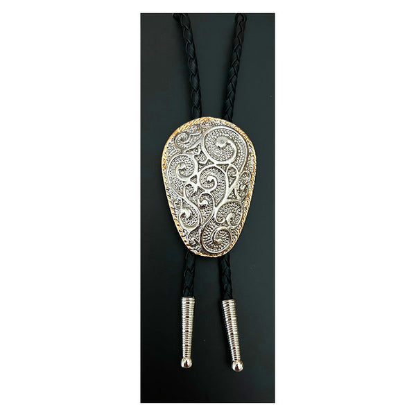 silver and gold scrolls bolo tie