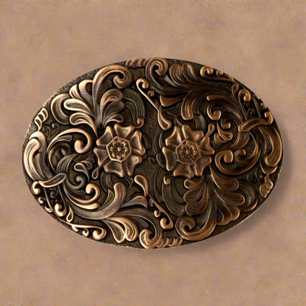floral scrolls vintage copper western buckle