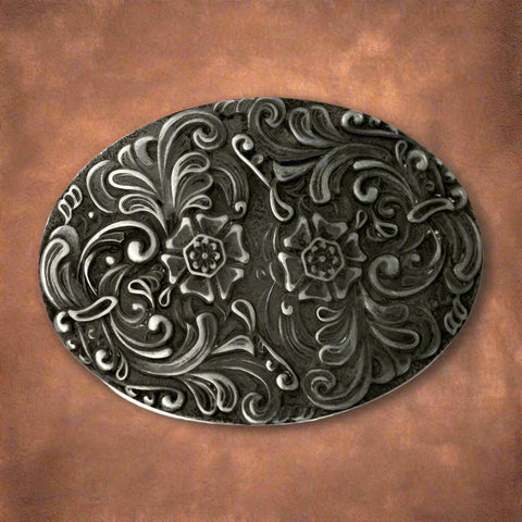 Floral Scrolls Vintage Nickel Western Buckle