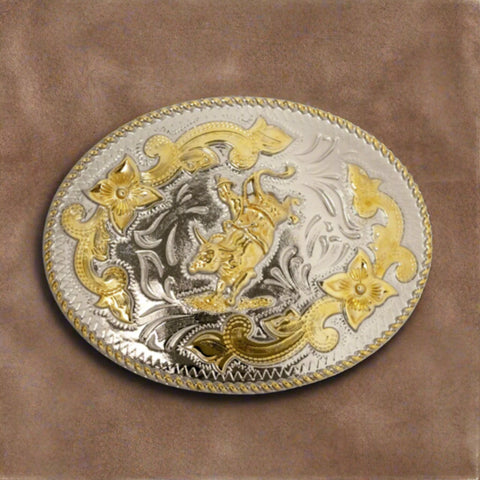 Gold & Silver Rope Edge Bull Rider Western Buckle