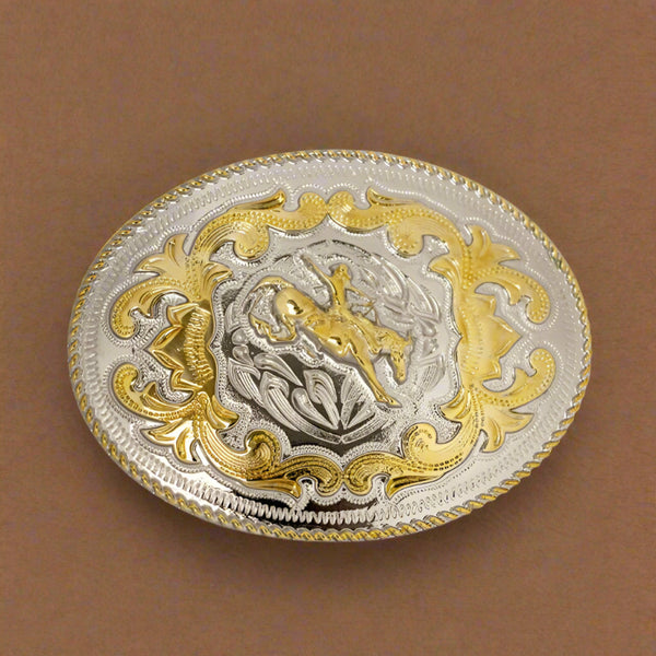 gold and silver rope edge bronco rider western buckle
