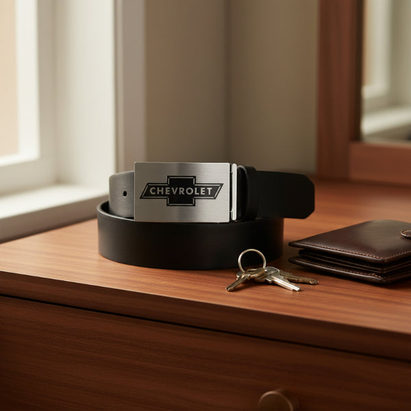 chevy bowtie brushed silver and black belt buckle