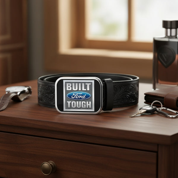 ford built tough black and gray blue belt buckle