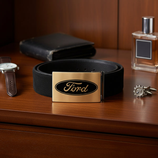 ford black oval logo brushed gold belt buckle