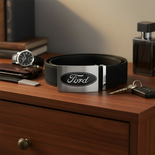 ford black oval logo brushed silver belt buckle