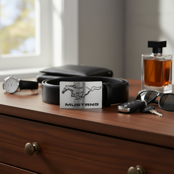 ford mustang brushed silver logo belt buckle