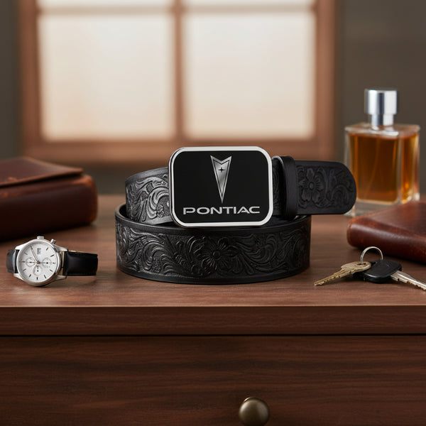 pontiac black and silver belt buckle