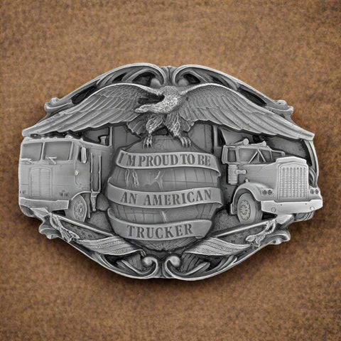 Proud To Be An American Trucker Pewter Belt Buckle