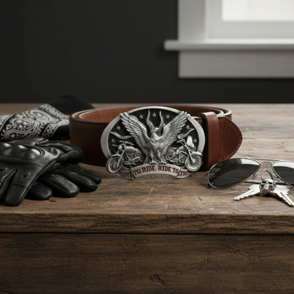live to ride eagles and bikes enamel belt buckle
