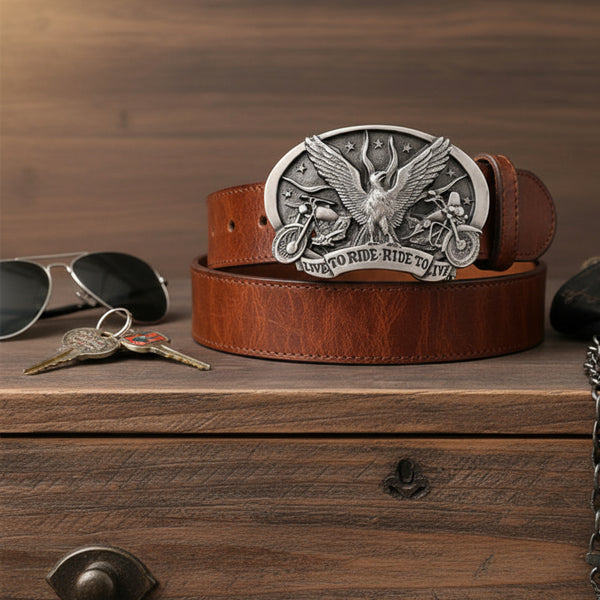 live to ride eagles and bikes pewter look belt buckle