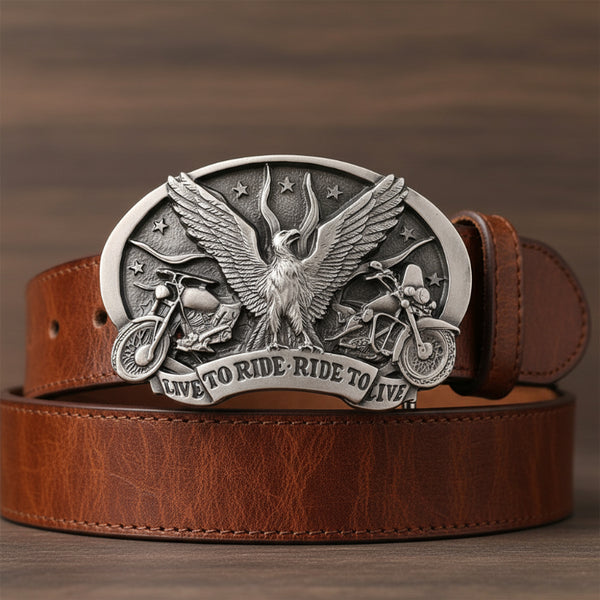 live to ride eagles and bikes pewter look belt buckle