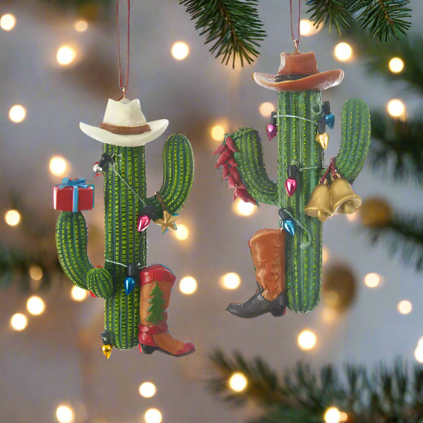 western cactus with boots and hats ornaments set of 2